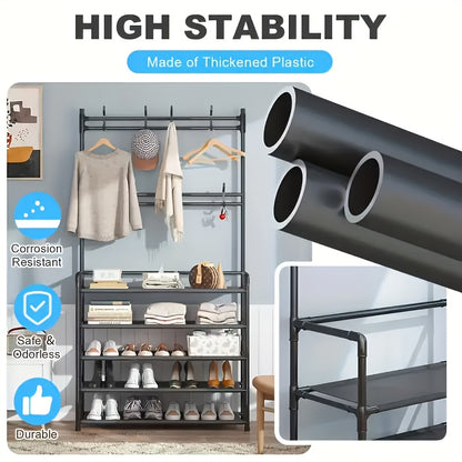 Coat Rack, 5-tier Multifunctional Metal Coat Rack with 10 Double Hooks - Space-saving Storage Solution for Entryways, Living Rooms, Bathrooms And Hallways - Separate Entryway Shoe Rack for Ample Storage Space