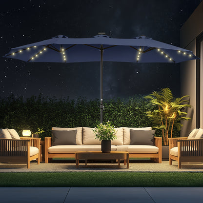 15ft Outdoor Double Sided Patio Umbrella With Base And 48 Solar LED Lights Lighted, 10 Hours Of Lighting, Large Patio Umbrella With Crank Handle, Market Table Umbrella, Powerful UV Protective, 12 Heavy-duty Ribs, For Lawn Garden, Deck, Poolside.