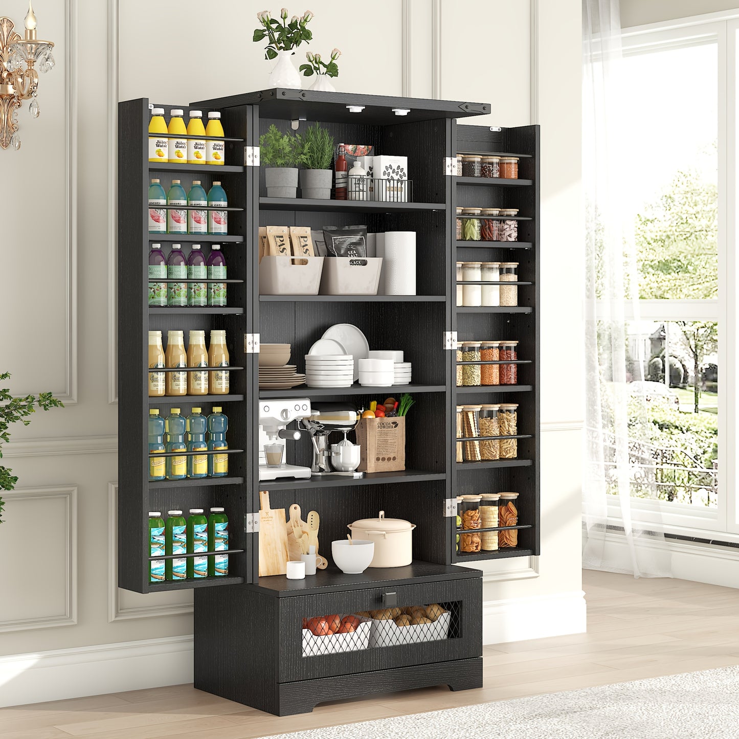 55'' Pantry Cabinet, Kitchen Pantry Storage Cabinet With Adjustable Shelves And Drawer, Wooden Kitchen Storage Cabinet, Buffet Cupboards Cabinet For Kitchen, Living Room, Bathroom, Dining Room