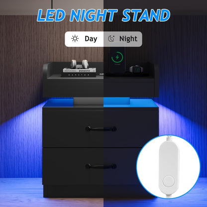 Black Nightstand with Charging Station, Night Stand with LED Lights, Modern LED End Table Nightstand for Bedroom, Bedside Table with 2 Drawers, Bed Side Table with Storage for Living Room