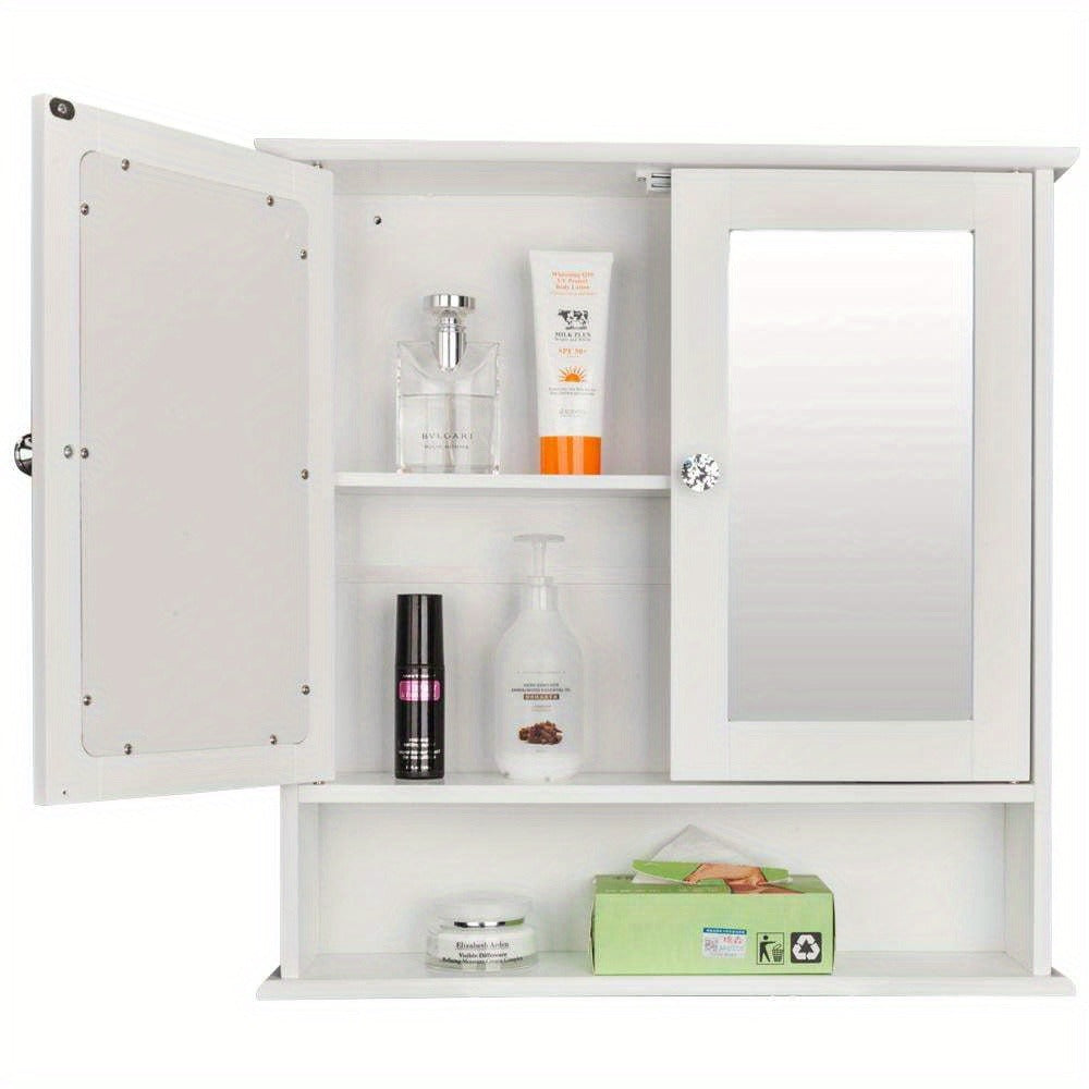 Modern White Metal Wall-Mounted Bathroom Storage Cabinet with 2 Mirror Doors & Adjustable Shelves - Space-Saving Medicine Organizer for Kitchen, Laundry Room, Hotels - Easy Assembly, No Electrical Needed, Narrow Bathroom Storage Cabinet, Contemporary Desi