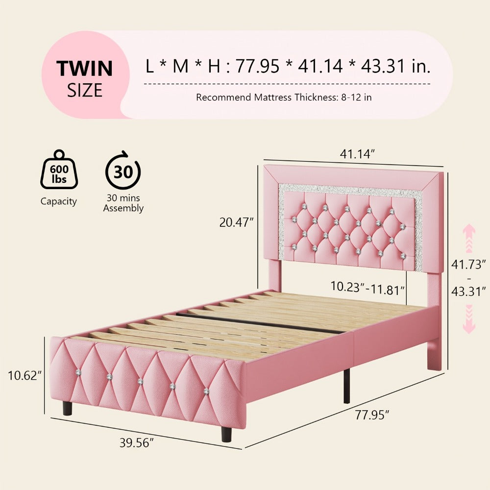 Upholstered Platform Bed Frame with Button-Tufted Diamond Headboard – Wooden Slats, No Box Spring Needed, Twin Full Queen King, Black White Pink Green Gray Beige