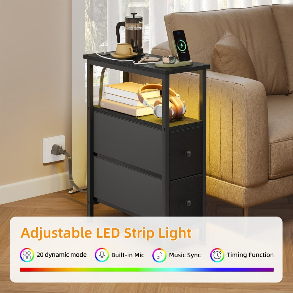TOMNK Slim End Table for Living Room Featuring a Charging Station, Nightstand with Two Fabric Drawers, Narrow Side Table with Cloth Storage, Compact Nightstand for Bedrooms, Ideal for Small Areas, Sofa
