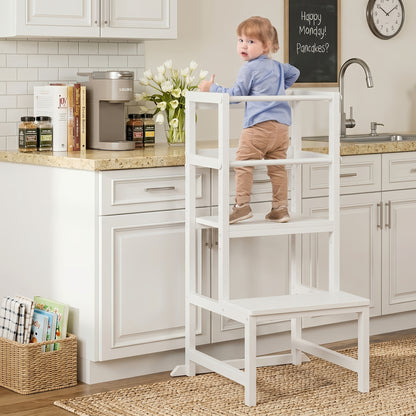 Adjustable Toddler Step Stool with Safety Rail, Wooden & Steel Learning Tower for Kids, Height Adjustable Kitchen Stool for Toddlers
