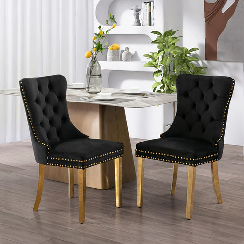 Solid Wood Velvet Upholstered Dining Chair, Modern Design Quilted Dining Chair with Nail Head Accent And Solid Gold Plated Legs, Set of 2 for Kitchen, Living Room, Apartment