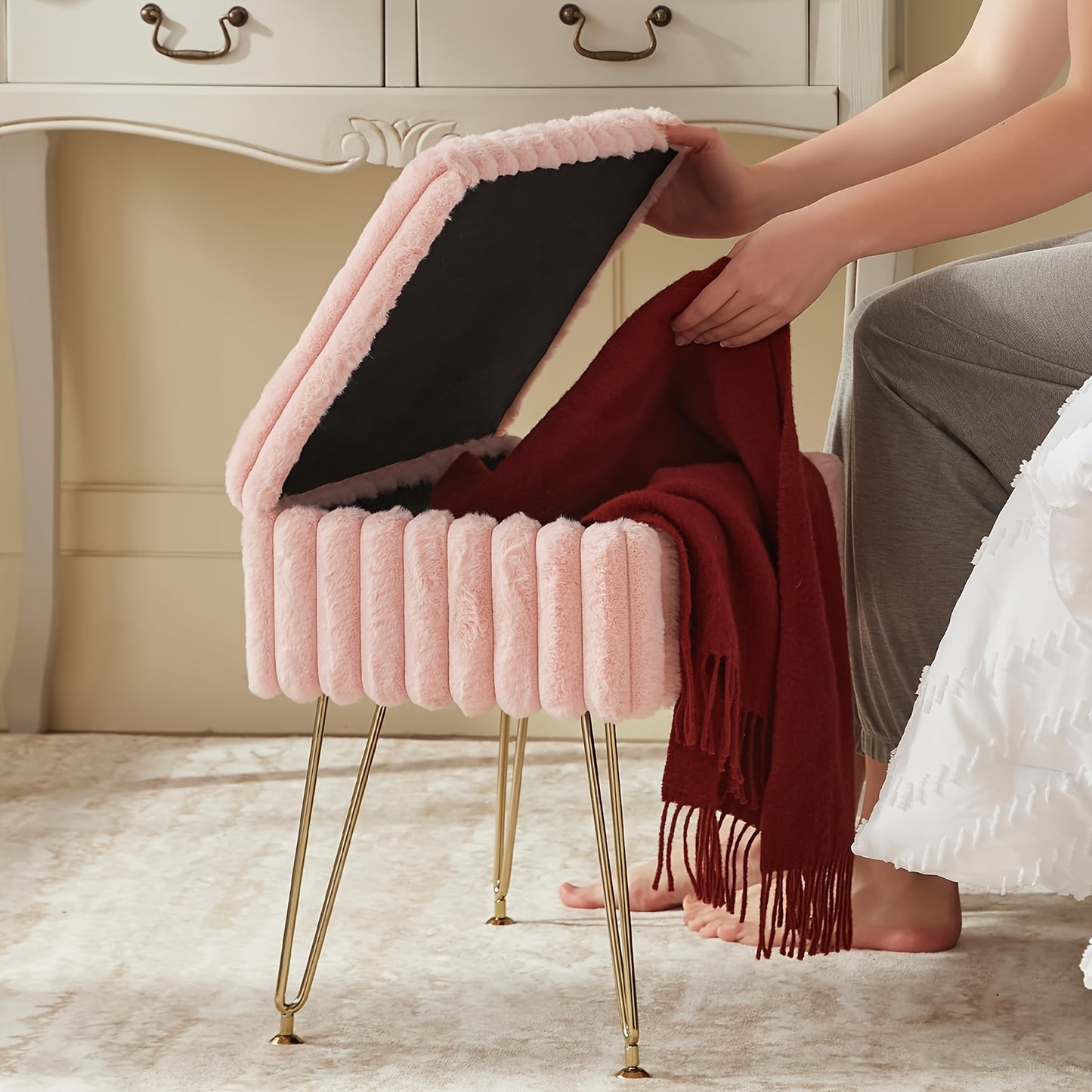 Vanity Storage Ottoman Chair | Makeup Vanity Chair with Metal Legs & Soft Faux Fur Surface, Flip Top Foot Rest with Soft Padded Seat for Bedroom Living Room, Ideal for Moms' Boudoir Glam Station & Bedroom Luxury Organization