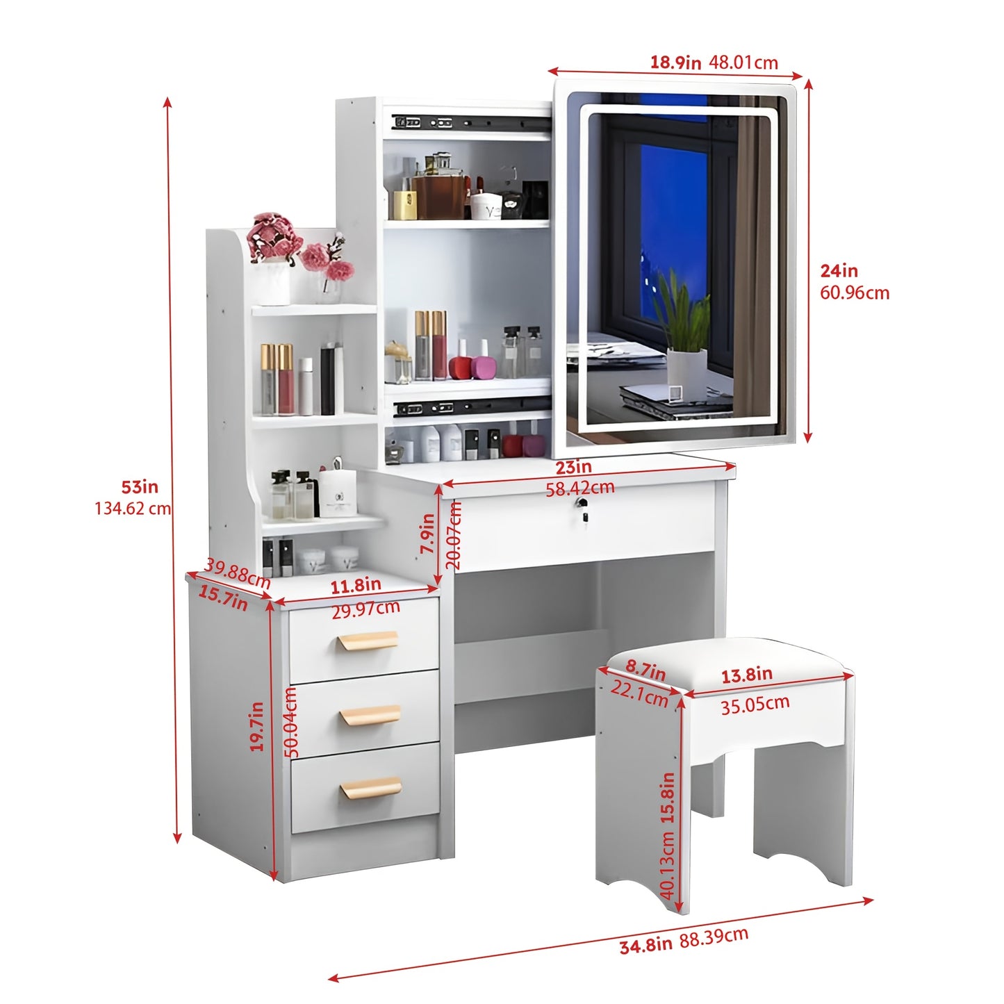 [Dressing Table With Mirror] White Dressing Table With Sliding Mirror And Stool 4 Drawers Home High-End Bedroom Dressing Cabinet Integrated Small Apartment