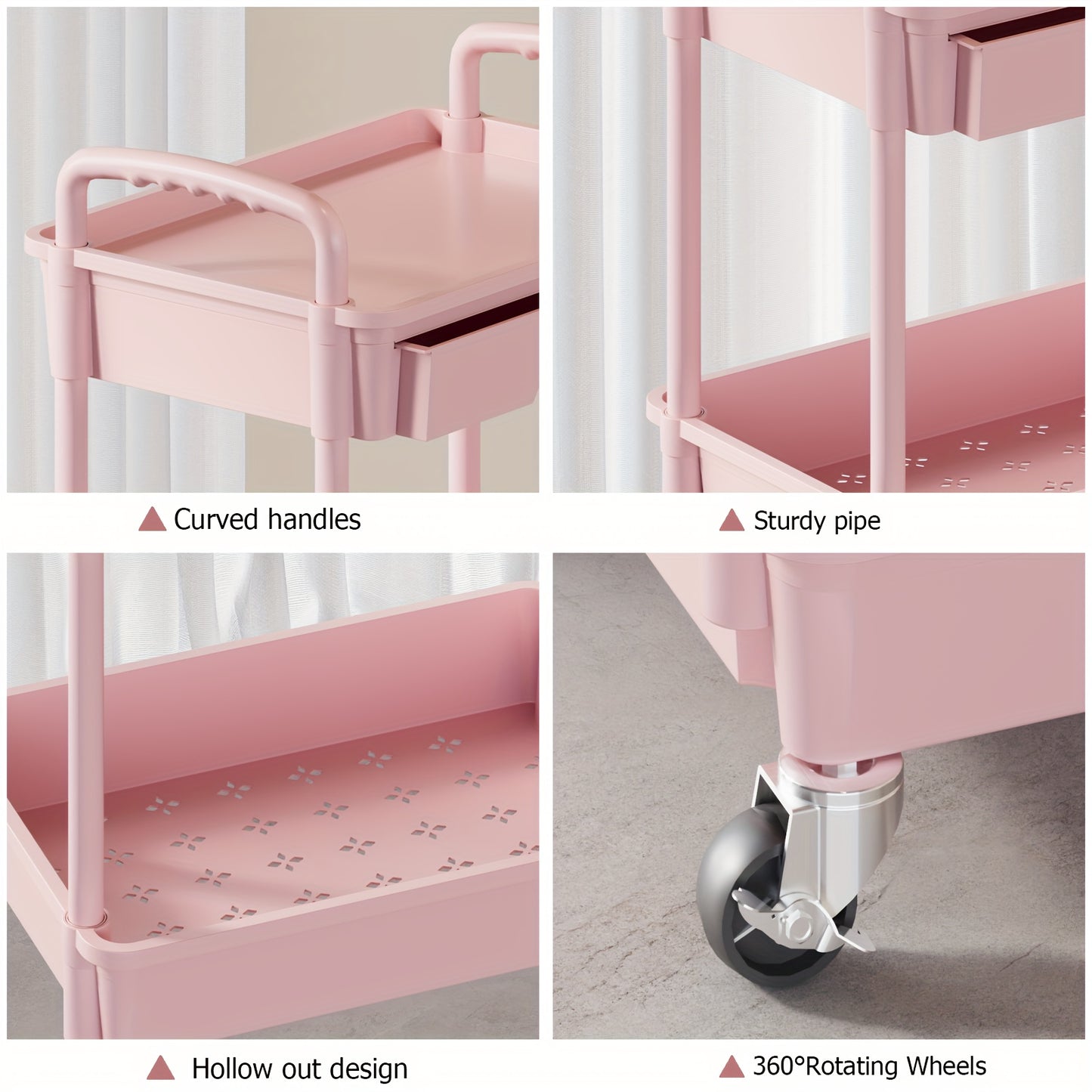 3 Tier Multifunctional Rolling Cart with Drawer, Durable Plastic Rolling Cart- with Drawers And Lockable Wheels, Includes Practical Accessories Like Cup Holders And Hooks - Easy Assembly Storage Cart, for Kitchen, Bathroom, Living Room