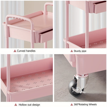 3 Tier Multifunctional Rolling Cart with Drawer, Durable Plastic Rolling Cart- with Drawers And Lockable Wheels, Includes Practical Accessories Like Cup Holders And Hooks - Easy Assembly Storage Cart, for Kitchen, Bathroom, Living Room