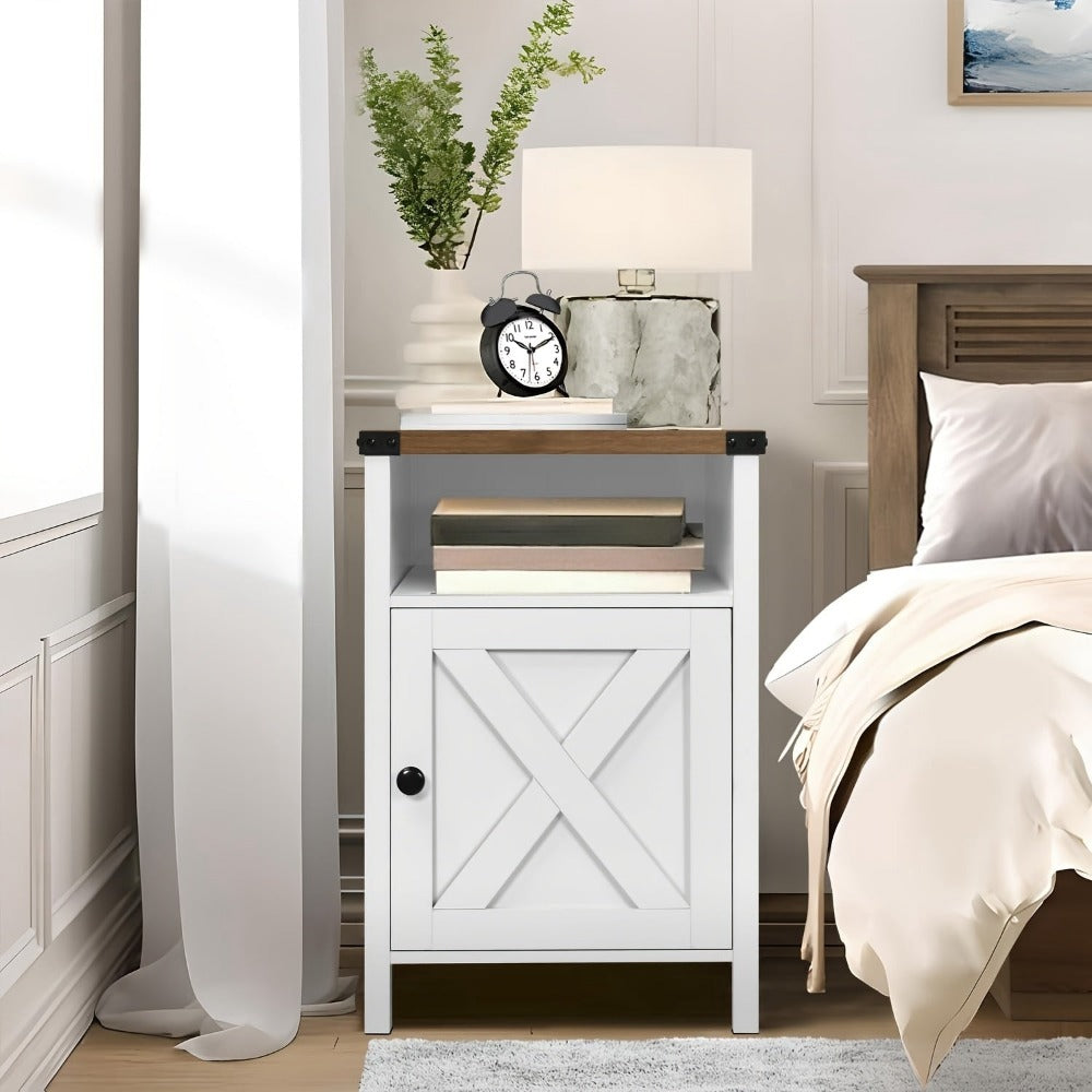 Farmhouse Nightstand with Barn Door & Shelf, Rustic Modern Bedside Table End Table for Bedroom Living Room Entryway, 23.7"x15.8" – Set of 1 or 2, Navy Blue Grey White Oak Black