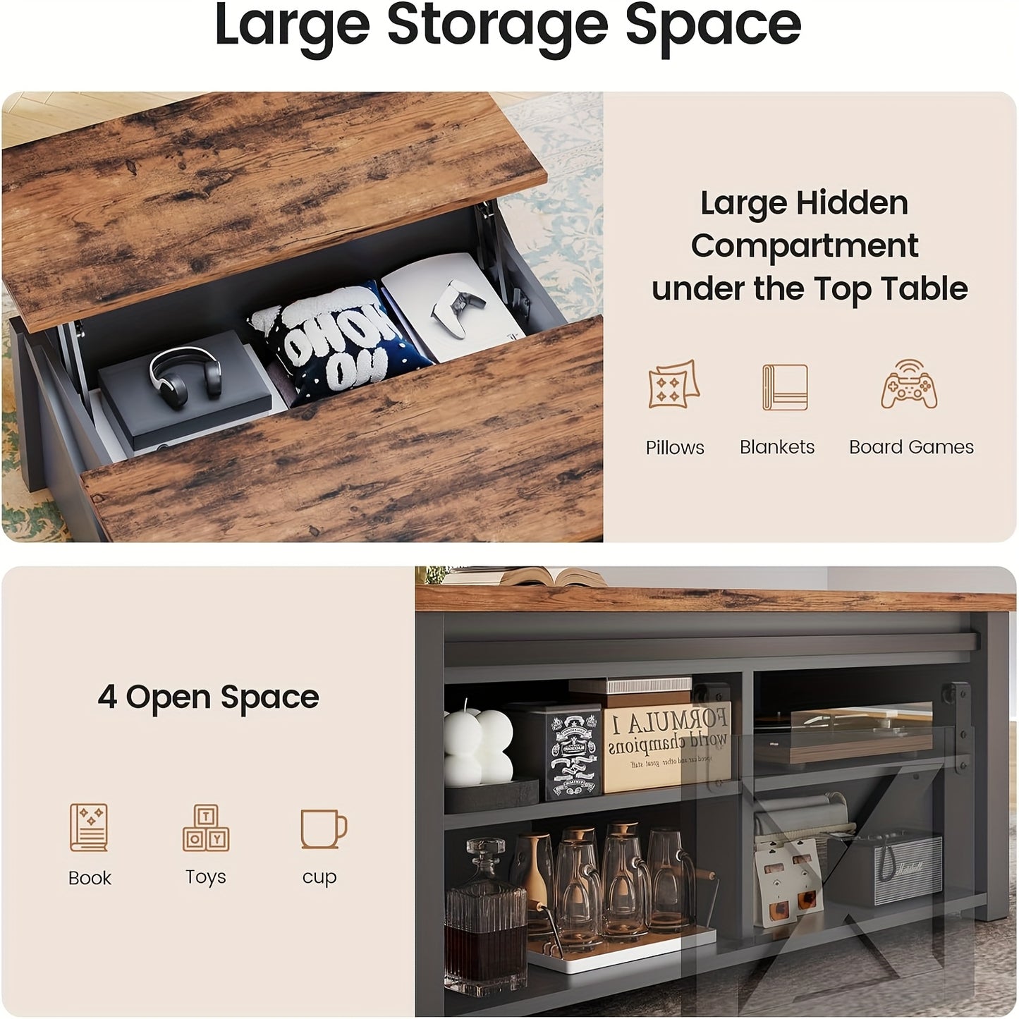 Farmhouse Lift Top Coffee Table with Storage, Square Coffee Table with Large Hidden Storage Compartment And Adjustable Shelves for Living Room, Black/White/Grey/Blue