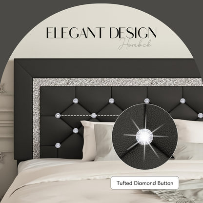 Upholstered Bed Frame With Diamond Tufted Headboard, Faux Leather Headboard & Footboard, Wooden Slats Support, No Box Spring Needed, Easy Assembly, Cozy Winter Gifts, Christmas Gift, Christmas Limited Edition, Festive Atmosphere, Black
