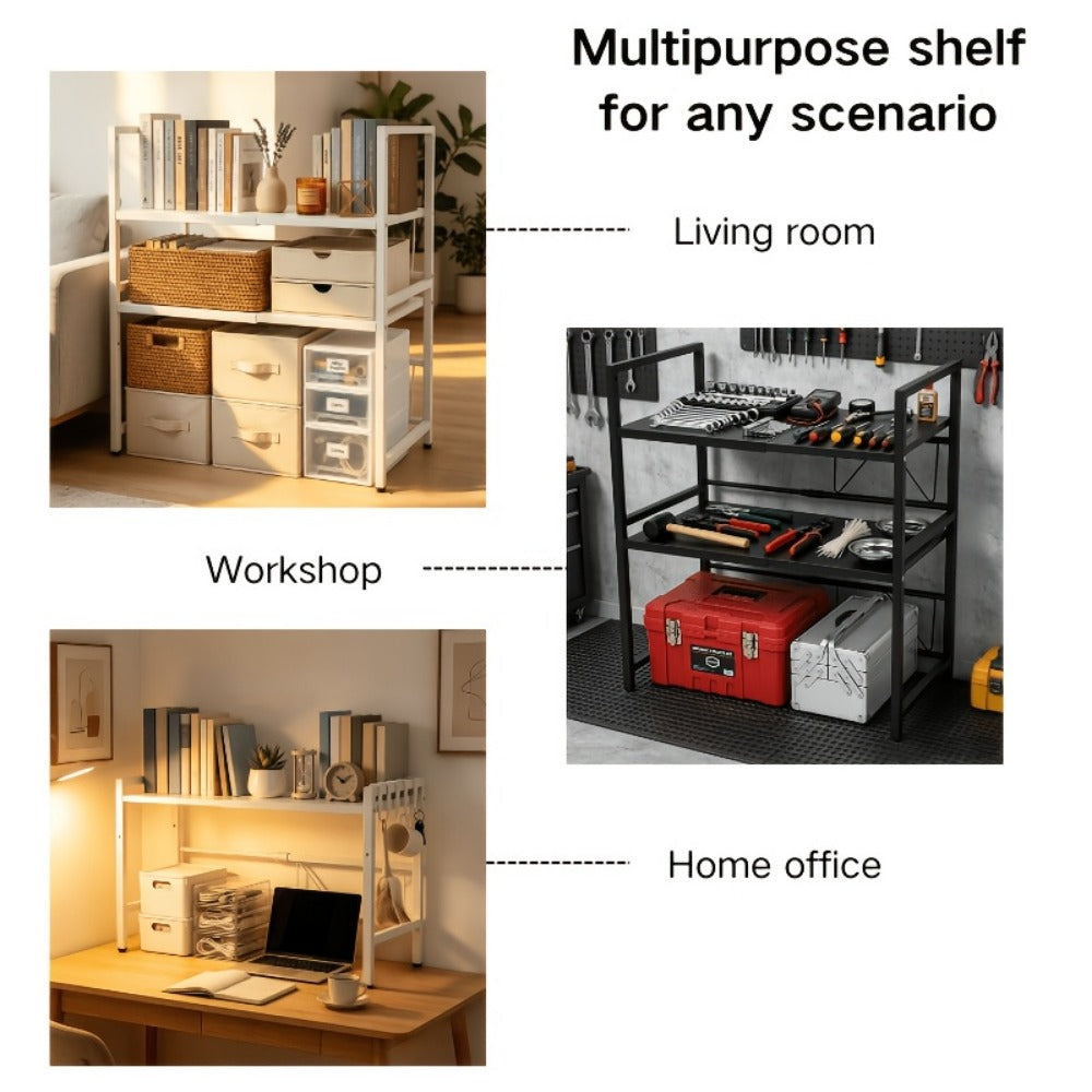 Adjustable Microwave Shelf for Kitchen Counter – Expandable 16–24", Single or Double Layer, Thickened Metal, Anti-Rust, Space-Saving Countertop Organizer for Microwave, Cookware & Spices