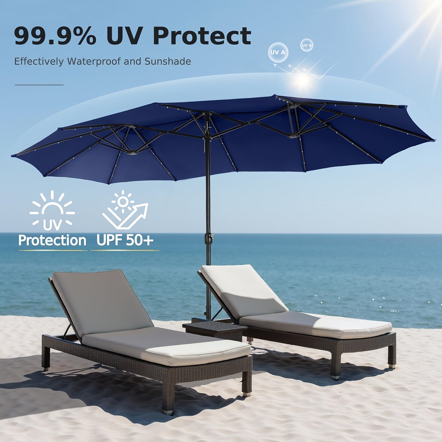 [Double Sided Umbrella] 13ft Double Sided Patio Umbrella with Solar Lights, Includes Stand Base, Outdoor Large Patio Umbrella with Crank Handle, Outdoor Extra Large Market Table Umbrella, 12 Heavy-duty Ribs, for Outside, Market, Patio, Deck, Swimming Pool