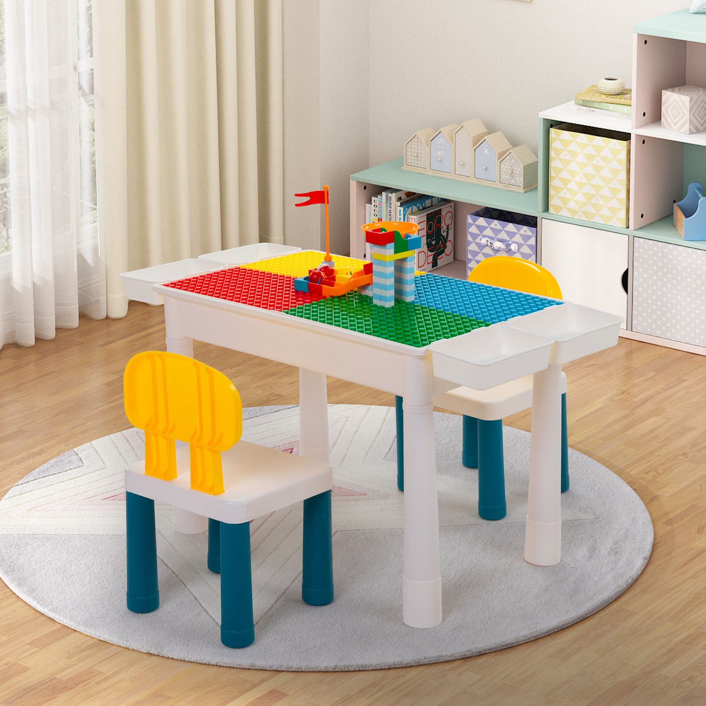 Kid Activity Table Set with 2 Chairs and 100Pcs Large Size Blocks, Compatible with Classic Blocks, Toddler Water Sand Table, Building Block Table for Boys Girls