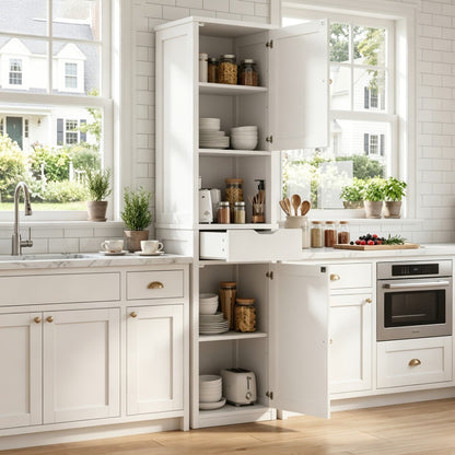 5-Tier Narrow Freestanding Storage Cabinet with 1 Drawer & 2 Doors White, Space-Saving Tower Shelf Floor Cabinet for Bathroom Kitchen Living Room Small Spaces