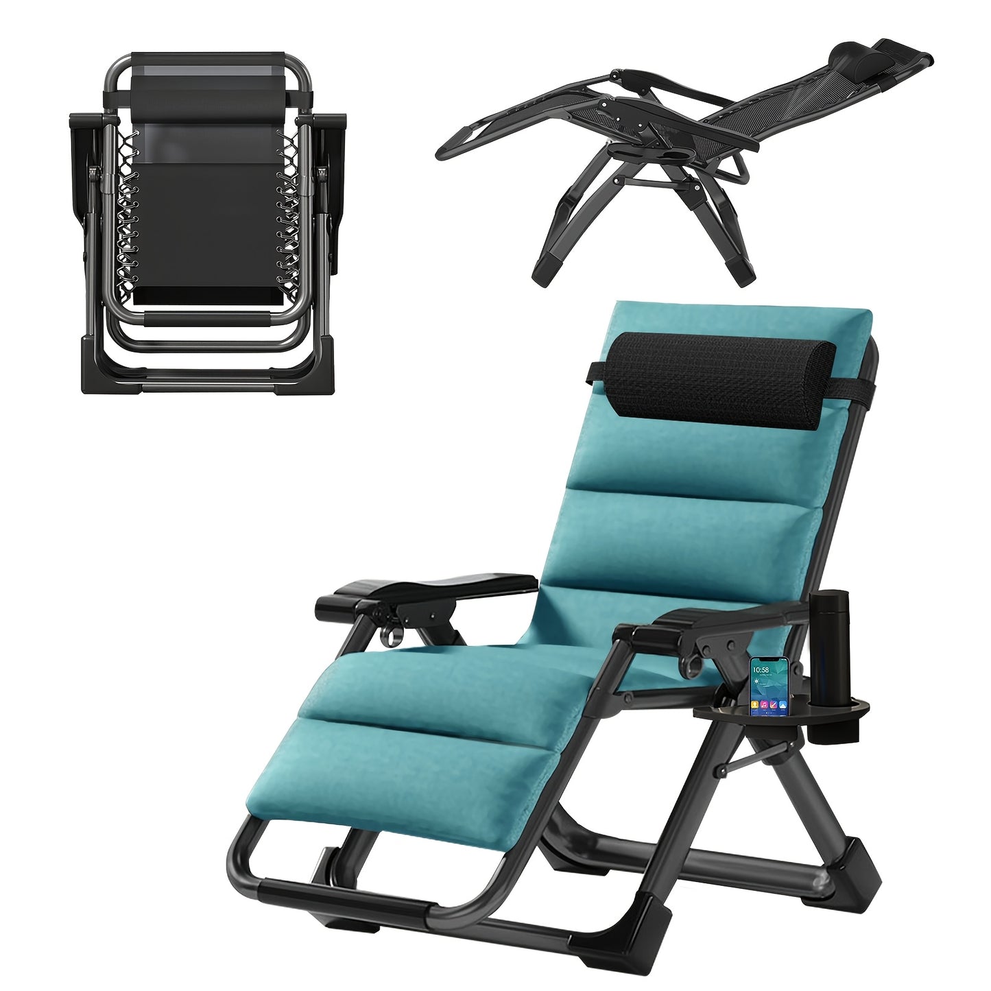 Portable Folding Chaise Lounge Chair, Outdoor Lawn Recliner with Removable Cushion, Headrest & Cup Holder, Heavy Duty Patio Reclining Chair Supports 440 Lbs