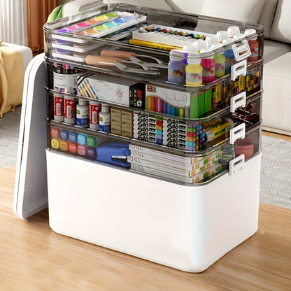 Large Capacity Multi-Layer Transparent Storage Box with Handle, Portable Durable Organizer for Medicine, Office Supplies, Sewing, Bathroom & Travel, Easy to Clean