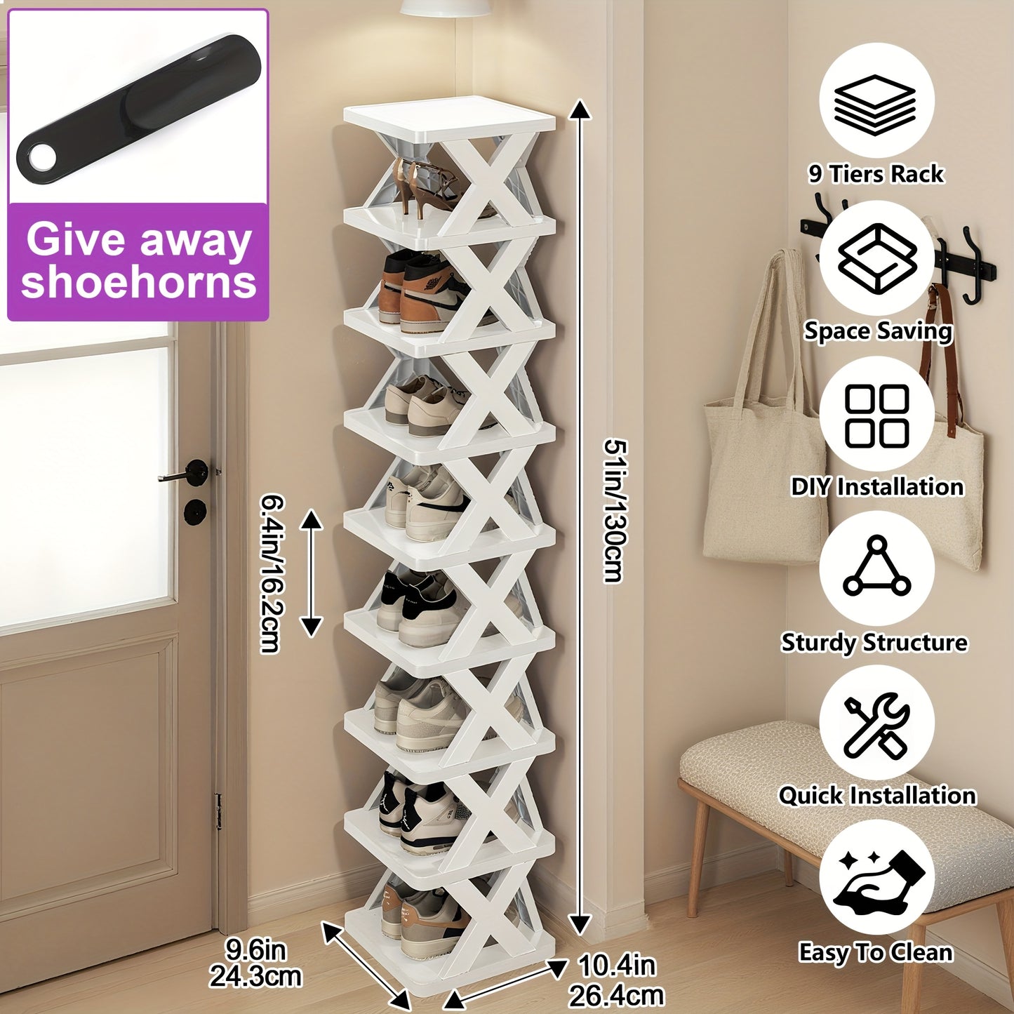 Stackable Shoe Rack 6 or 9 Tier Plastic Vertical Shoe Organizer, Space Saving Shoe Storage Shelf for Entryway Bedroom Hallway Dorm, 10 Color Options