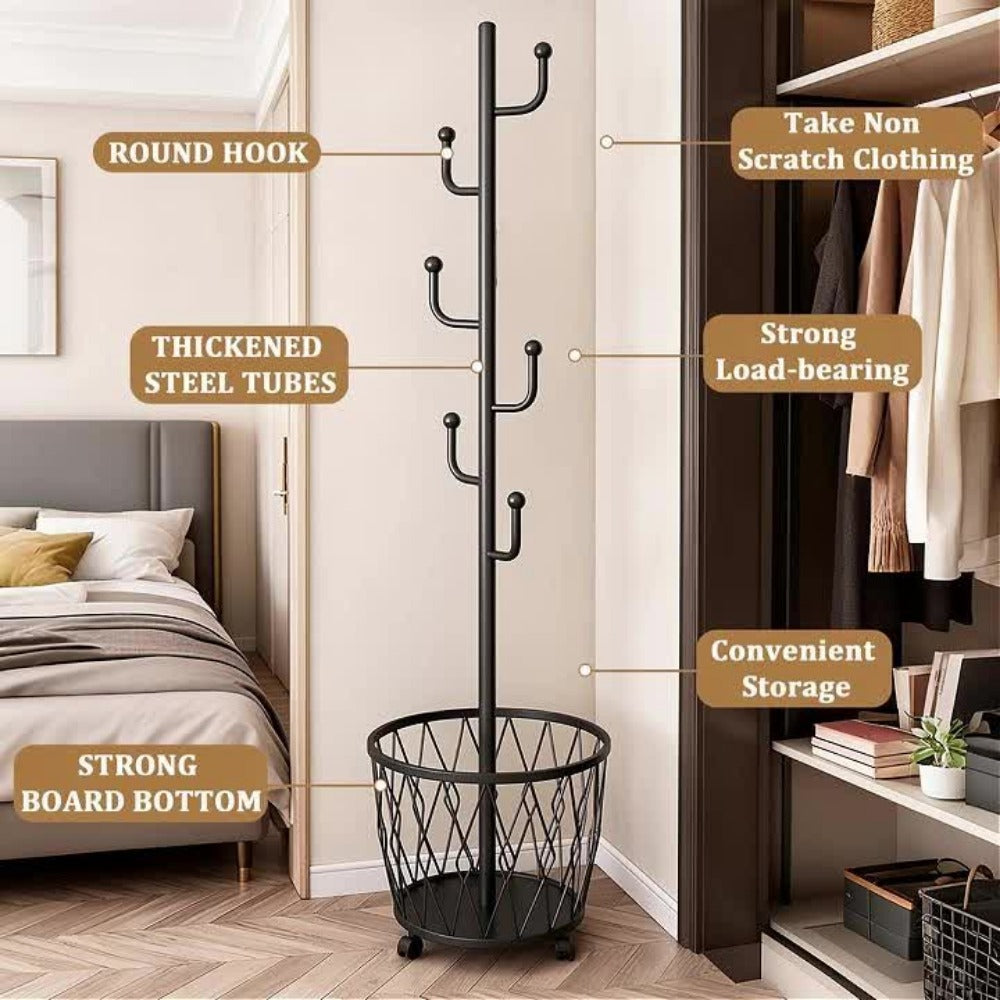 Freestanding Rolling Coat Rack with Storage Basket, Heavy-Duty Metal Garment Hanger with Hooks and Wheels, Space-Saving Clothes Organizer for Entryway Bedroom Living Room
