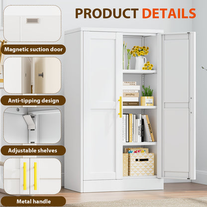 Utility Two Doors Modern Metal Storage Freestanding Cabinet with Adjustable Foot, Kitchen Pantry Sideboard Cabinet with 3 Adjustable Shelves for Kitchen, Laundry Room, Bathroom, Living Room and Dinning Room