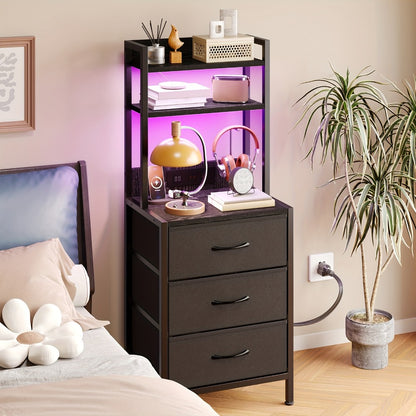 WHONLINE 41'' LED Nightstand with Ports & Outlets, Tall Bedside Table with Charging Station, 3-Drawer PU Fabric Storage Cabinet, Heavy Duty End Table, Modern Dorm Room Essentials, Apartment Small Space Organizer