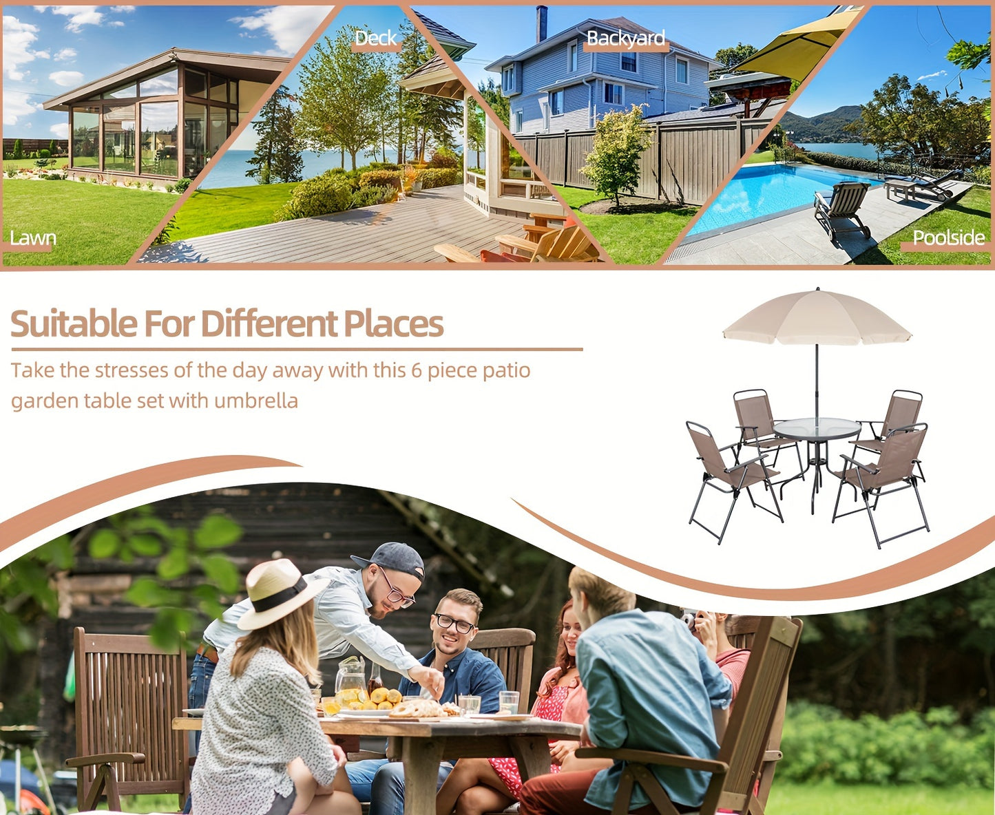 [6pcs Folding Patio Set] JY QAQA 6pcs Folding Patio Dining Set, All-Weather Small Metal Outdoor Table And Chair Set, Garden Patio Furniture Set W/Umbrella, Glass Table And 4 Folding Chairs for Lawn, Deck, Backyard