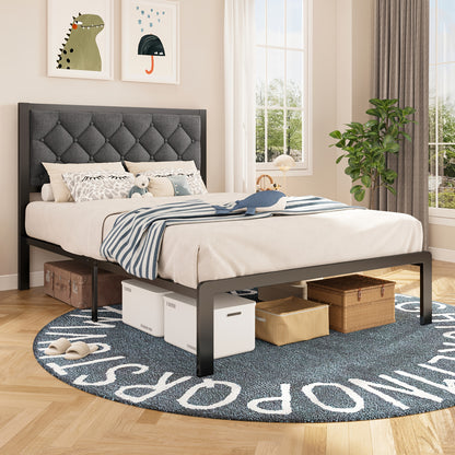Upholstered Bed Frame with Button Tufted Headboard, Noise-Free Steel Slat Support with Silent Strips, 12.6" Under-Bed Storage Space, Sturdy Metal Platform Bed, Easy Assembly, No Box Spring Needed, Queen, Full, Twin
