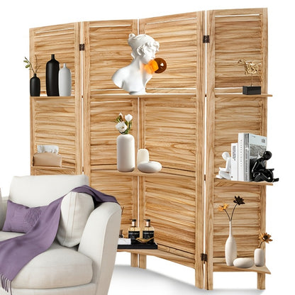 4-Panel White Room Divider with Shelves – Folding Privacy Screen & Portable Room Partition | Rustic Style Wall Divider for Bedroom, Living Room & Home Office