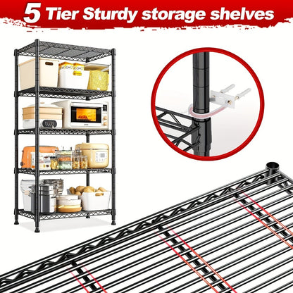 5-Tier 1000LBS Heavy Duty Wire Shelving Unit – Adjustable Metal Storage Rack for Garage, Pantry, Closet, Kitchen & Office – 60"H x 21.45"W x 13.58"D