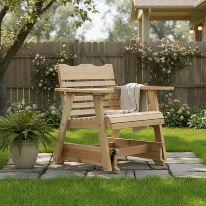 Solid Wood Patio Rocking Chair with High Backrest, Curved Seat, Wide Armrests, Hidden Cup Holder, Porch Rocker Slatted Chair for Backyard Balcony Poolside, 330 LBS Strong Loading
