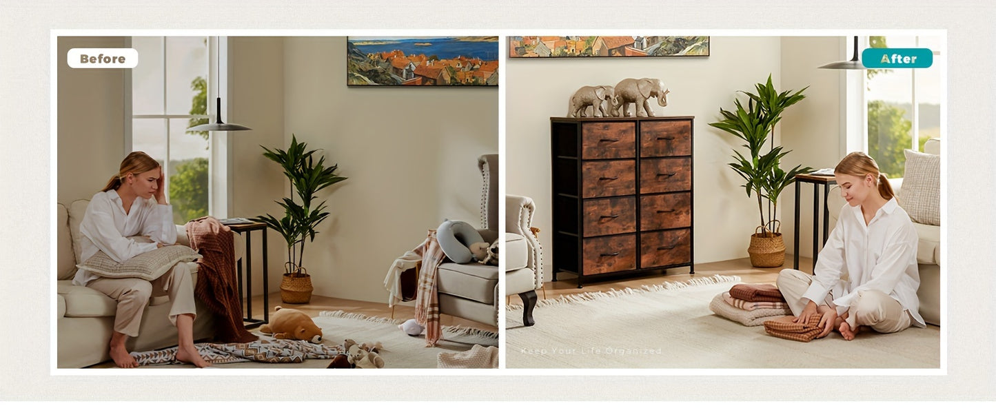 [8-Drawer Dresser] Dresser for Bedroom with 8 Drawers, Clothes Drawer Fabric Closet Organizer, Dresser with Metal Frame And Wood Tabletop, Chest Storage Tower for Bedroom, Living Room, Entryway