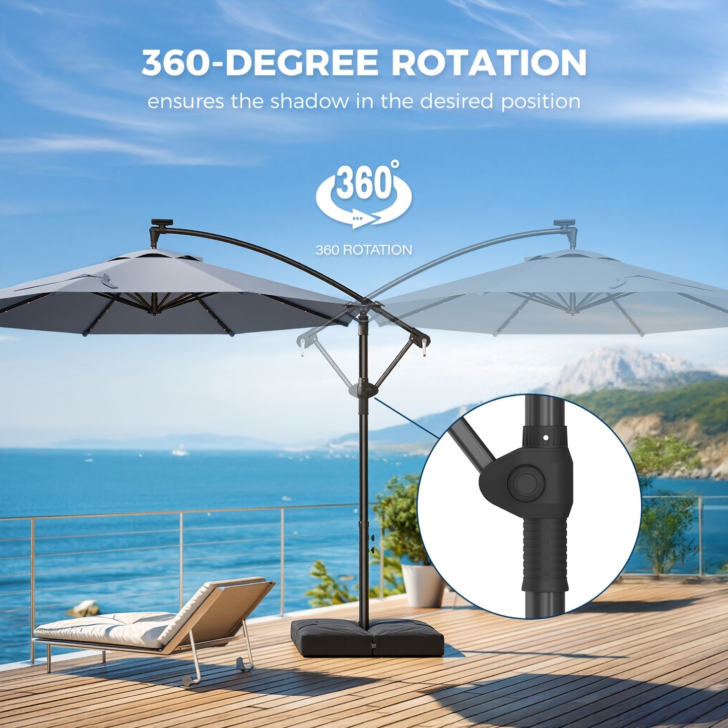 360 Degree Rotation 10Ft Solar Patio Umbrella with Base Included, Offset Cantilever Outdoor Umbrella with 32 LED Lights, Offering UPF50+ UV Protection, 8 Sturdy Ribs, for Outdoor, Pool, Deck And Garden