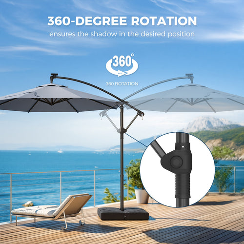 360 Degree Rotation 10Ft Solar Patio Umbrella with Base Included, Offset Cantilever Outdoor Umbrella with 32 LED Lights, Offering UPF50+ UV Protection, 8 Sturdy Ribs, for Outdoor, Pool, Deck And Garden