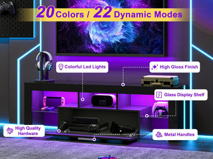 TV Stand with LED Lights & 2 Cabinets for 55 65 75 80 Inch TVs | 71" High Gloss Entertainment Center, Glass Shelves, Wood Media Console | Living Room Bedroom Gaming Room | White, Black or Marble