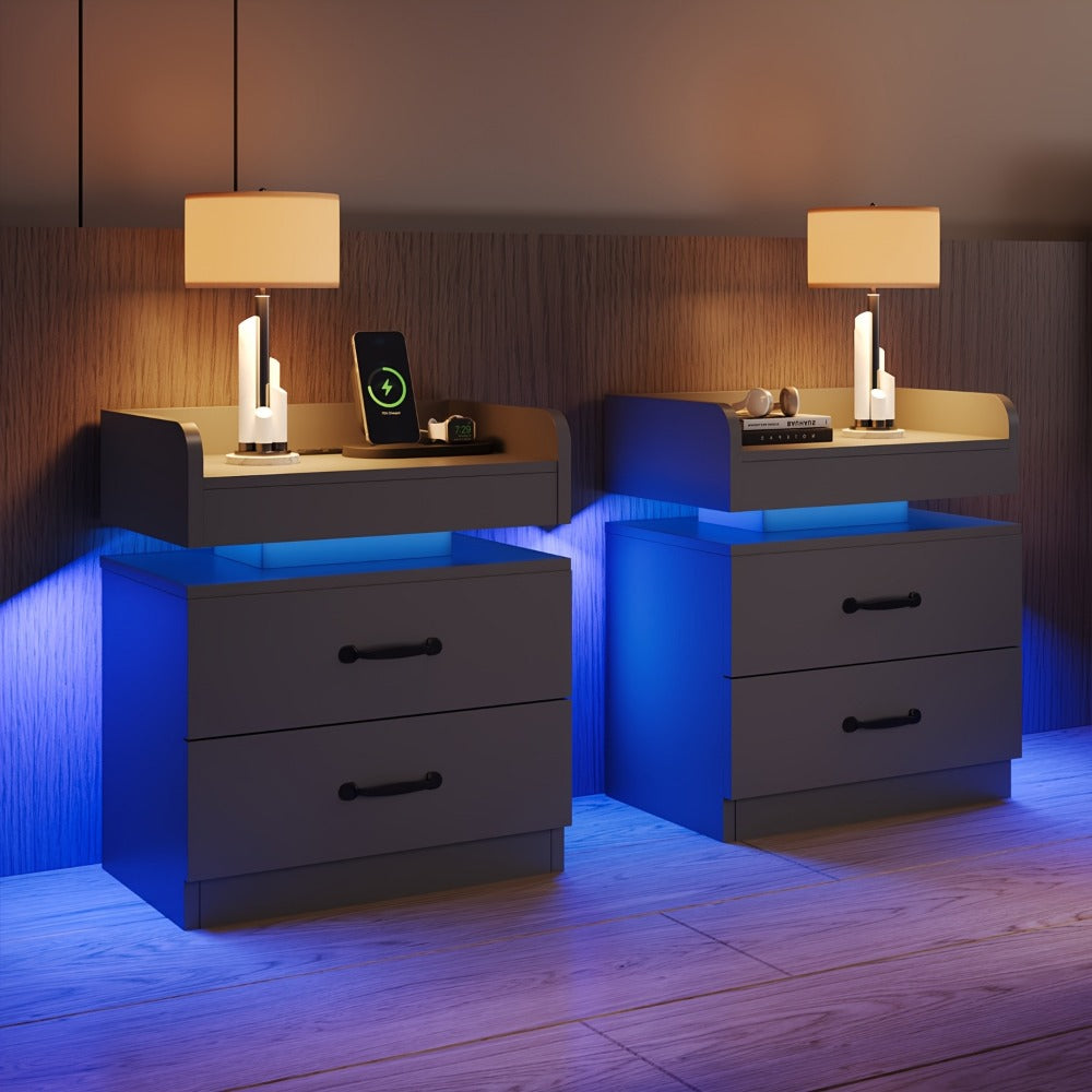 Nightstand with Charging Station LED Lights 2 Drawers Modern Black Bedside Table End Table with Storage for Bedroom Living Room