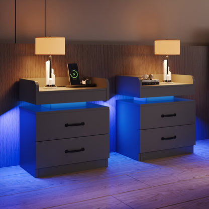 Nightstand with Charging Station LED Lights 2 Drawers Modern Black Bedside Table End Table with Storage for Bedroom Living Room