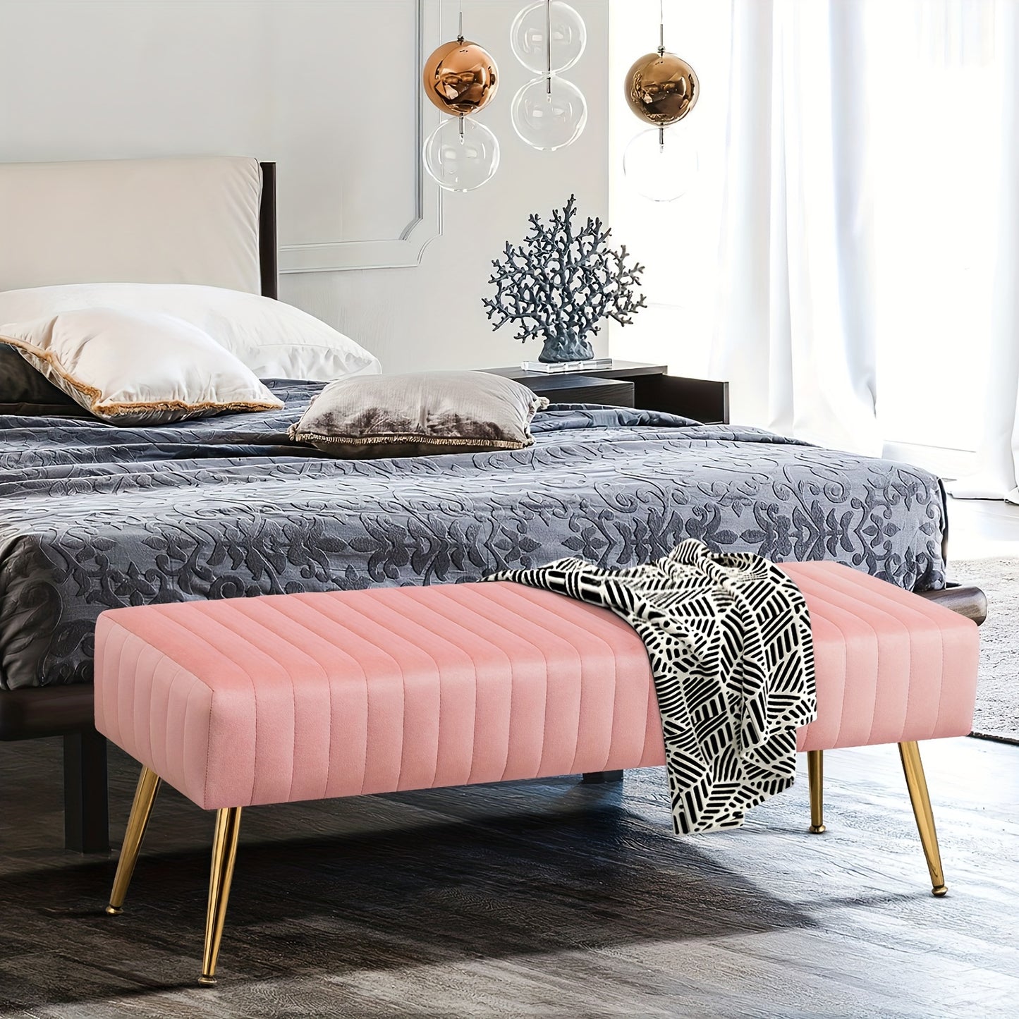 Luxury Shoe Changing Bench with Gold-Plated Legs & Velvet - 44-Inch Bedside Entryway Furniture, Sturdy Frame, Footrest, Step Stool for Bedroom End or Door - Elegant Storage Bench for Decor