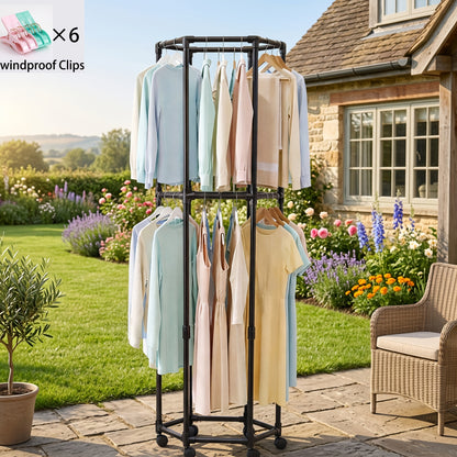 Rotating Clothing Rack with Wheels, Heavy Duty Metal Garment Rack for Hanging Clothes, Multifunctional Rotating Clothing Organizer, Freestanding Closet Organizer for Bedroom, Laundry Room, Space Saving Closet Storage for Coats, Dresses, Pants