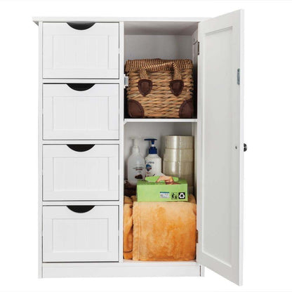 Bathroom Floor Cabinet with 4 Drawers & Cupboard, Side Storage Organizer with 2 Open Shelves, Freestanding Bathroom Vanity Cabinet for Small Spaces, White