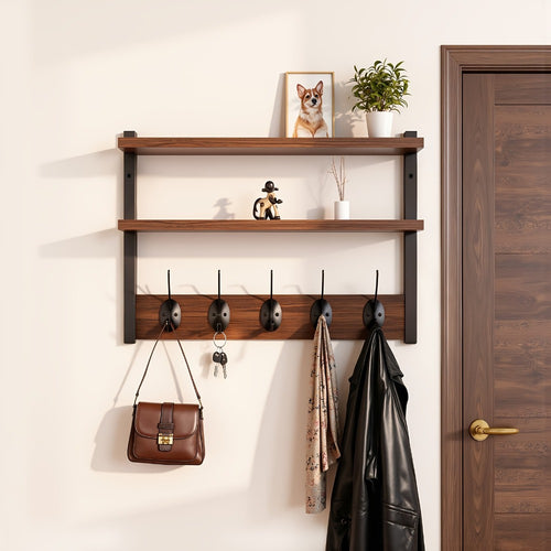 Double Layer Metal Clothes Rack, Wall-Mounted or Freestanding Garment Rack Space Saving Coat Hanger Stand for Bedroom Entryway Living Room Office, Walnut Finish