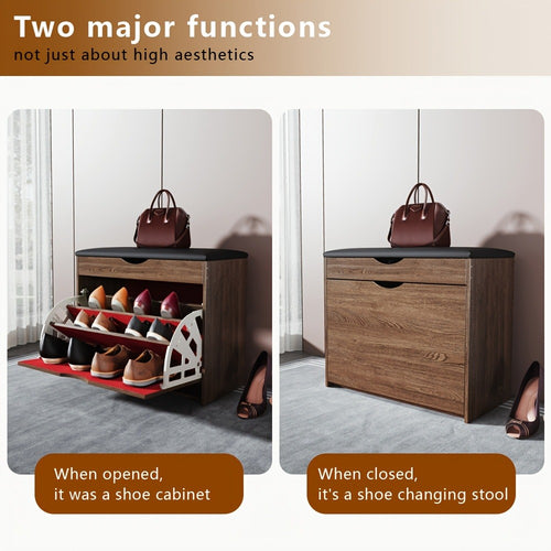 Shoe Cabinet, Bench with Leather Cushion 3-Layer Storage - Multifunctional Entryway Bench shown in the main product view