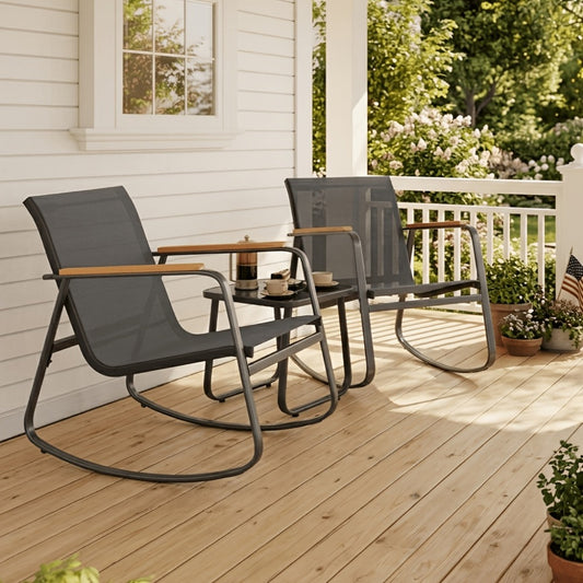Patio Rocking Chair Set, 3-Piece with Glass Table - Outdoor Rockers with Breathable Teslin shown in the main product view