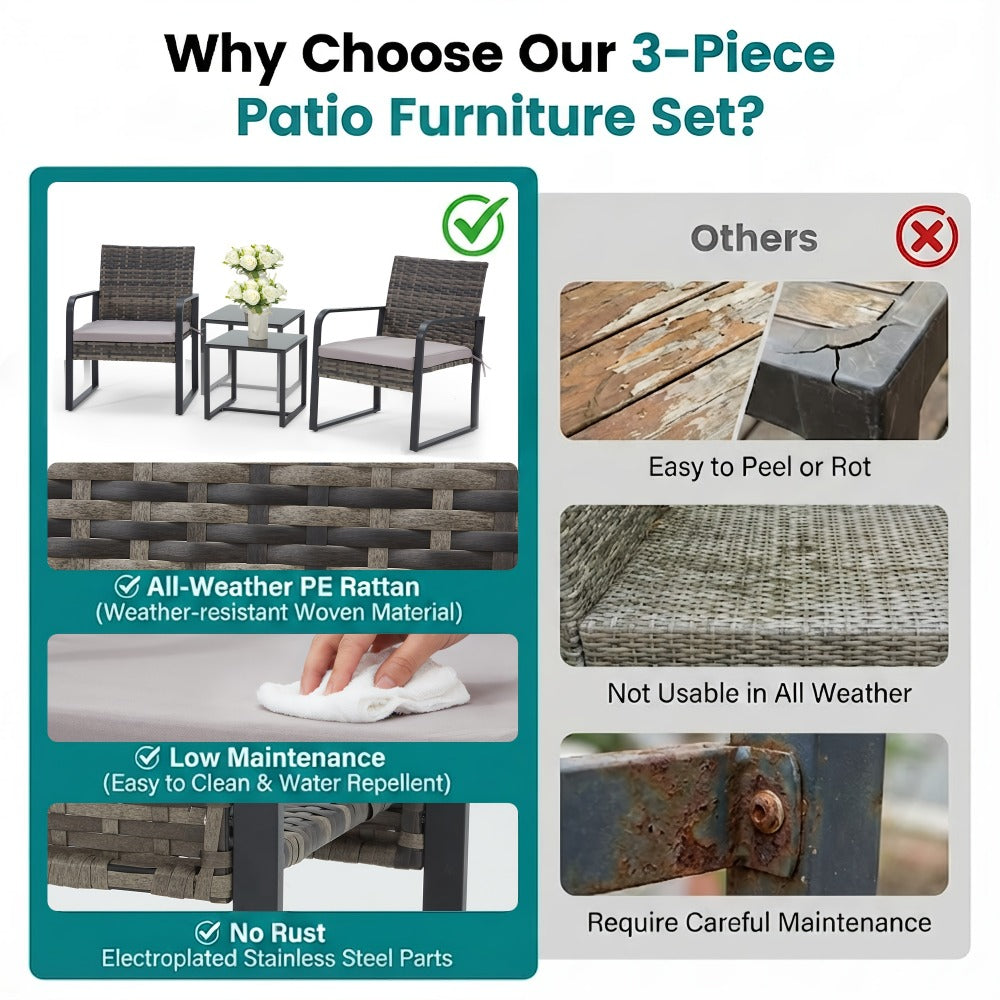 3-Piece Wicker Outdoor Bistro Set with Multiple Color Options for Patio detail image - detail view 10
