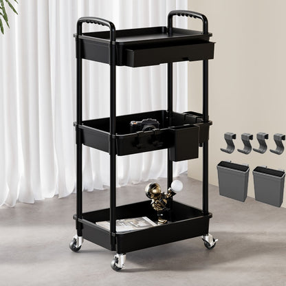 3-Tier 360° Rotating Rolling Utility Cart with Storage Drawers and 360° Swivel detail image
