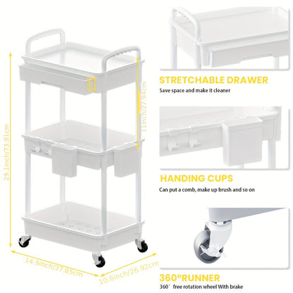 3-Tier 360° Rotating Rolling Utility Cart with Storage Drawers and 360° Swivel detail image - detail view 4
