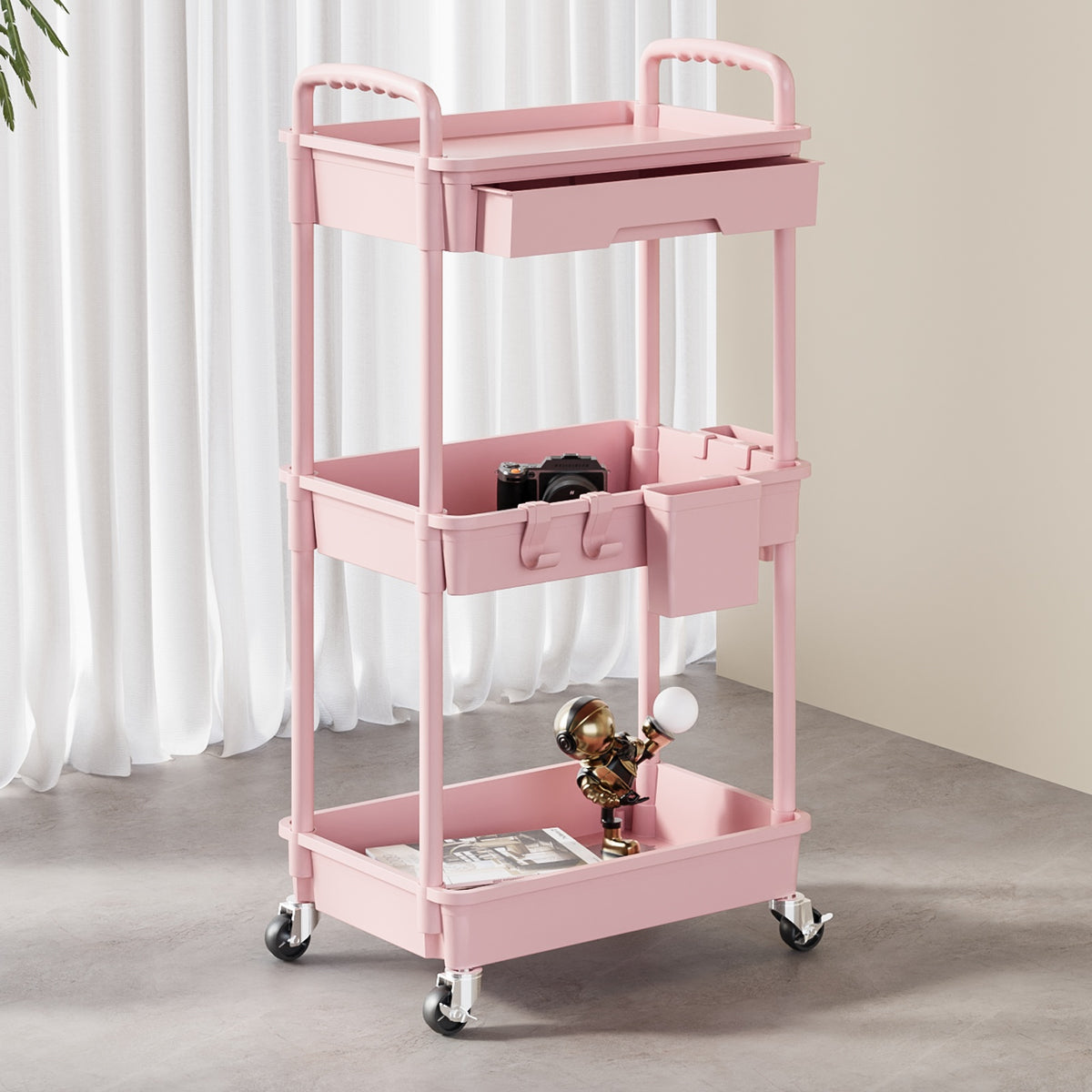 Rolling Utility Cart shown in the pink, 3 Tier option