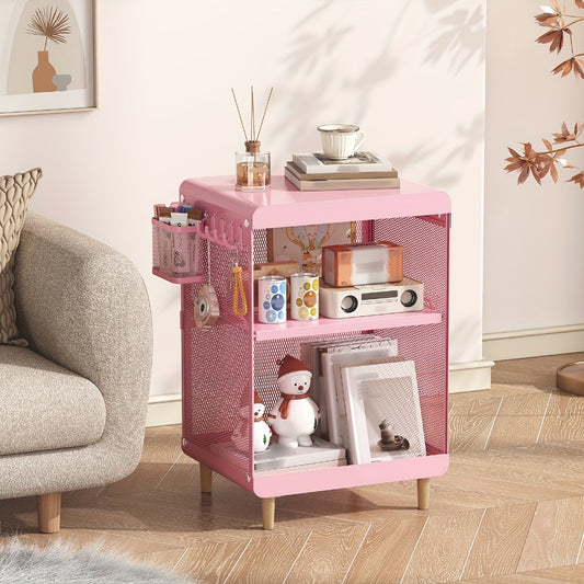 End Table, 3-Tier Metal with Hanging Basket & 4 Hooks - Nightstand Side Table for Bedroom shown in the main product view