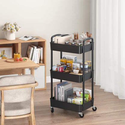3-Tier Plastic Rolling Utility Cart with Carry Handle for Organized Everyday Storage detail image - detail view 12