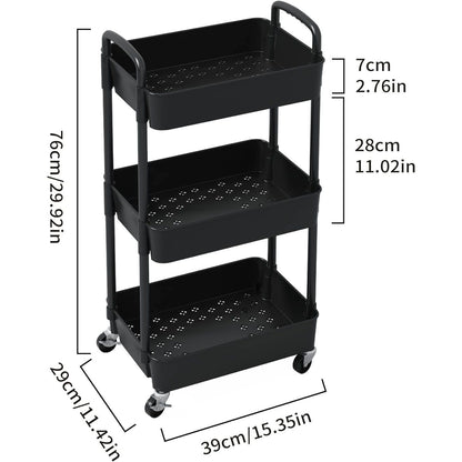 3-Tier Plastic Rolling Utility Cart with Carry Handle for Organized Everyday Storage detail image - detail view 16